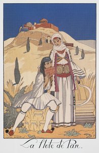 Hagyományos görög viseletet ábrázoló pánfuvolajátékos alkotó: Georges Barbier