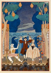Pantomim. Pierrot és Harlequin. Férfi és csinos nő. Minden egy színpadon. alkotó: Georges Barbier