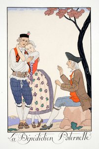 Apai áldás, a „Falbalas et Fanfreluches, Jelen, Múlt és Jövő módok almanachjából” alkotó: Georges Barbier
