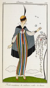 Petit manteau de velours, köntös de linon. Kis bársonyköpenyt viselő nő, csíkos vászonruhával, narancssárga t-bar cipővel, fekete-piros kalappal. Jelmezek Parisiens. alkotó: Georges Barbier