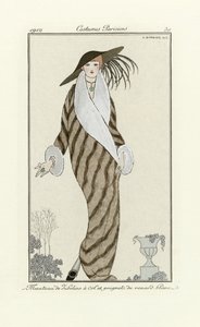 Sable kabát fehér róka díszítéssel, a Costumes Parisienből, 1912. évi pub. (pochoir print) alkotó: Georges Barbier