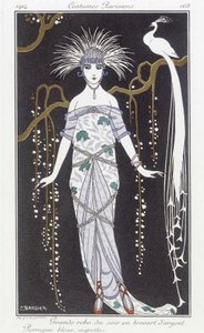 Ezüstbrokát estélyi ruha és paróka - Illusztráció: George Barbier (1882-1932). in "" Journal des dames et des mode: Costumes Parisiens"" alkotó: Georges Barbier