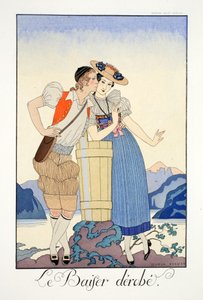 Az ellopott csók a „Falbalas et Fanfreluches, A jelen, múlt és jövő módozatainak almanachjából” alkotó: Georges Barbier