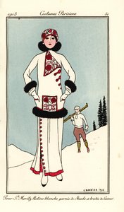Nő St. Moritzba öltözött fehér frízben, skunk díszítéssel és gyapjúhímzéssel. Pour St. Maritz ratine blanche garnie de skunks et brodee de laine. Kézzel színezett pochoir (stencil) rézkarc George Barbier illusztrációja nyomán Tommaso Antongini művéből alkotó: Georges Barbier