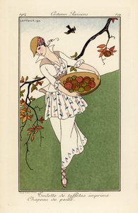 Nő szalmakalapban és nyomtatott taft ruhában. alkotó: Georges Barbier