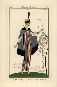 Nő csíkos vászonruhában, rövid bársonykabáttal. alkotó: Georges Barbier