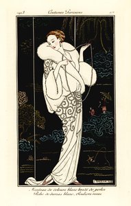 Nő bársony köpenyt, damaszt ruhát és rózsaszín papucsot. alkotó: Georges Barbier