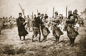 Tisztelet a bátraknak a lővonalban: egy francia tábornok átadja az elismerést a katonai éremmel kitüntetett férfiaknak a The Illustrated War News-ból