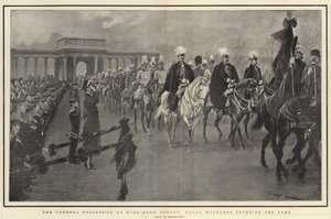A temetési menet a Hyde Park Cornernél, a királyi gyászolók belépnek a parkba