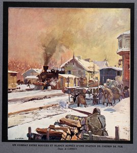 A vörös és a fehér gárda harca egy vasútállomáson, a Histoire des Soviets, pub. 1922 (színes litográfia) alkotó: Georges Carrey