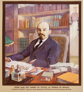 Lenin a moszkvai Kremlben lévő irodájában, a Histoire des Soviets, pub. 1922 (színes litográfia)