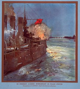Az Aurora cirkáló tüzel a Téli Palotánál, Histoire des Soviets, pub. 1922 (színes litográfia)