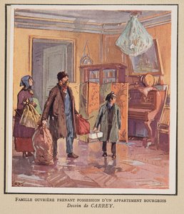 Munkáscsalád birtokba vesz egy polgári lakást, Histoire des Soviets, pub. 1922 (színes litográfia)