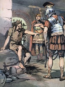 Gallia háború: „” A gall harcos, Vercingetorix fogoly Jules Cesar római fegyvereiben, Tullianum börtöneiben, ie 46” (Gall háborúk: Vercingetorix rab a római Mamertine börtönben Julius Caesar elleni veresége után, ie 46) Illusztráció: alkotó: Georges Conrad