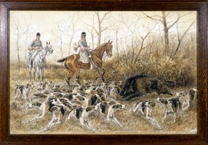 Kutyafalka egy vaddisznó körül egy vadászatban – Georges La Roque rajza, 1900 körül alkotó: Georges La Roque