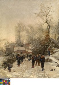 Falu gyerekekkel a hóban alkotó: Georges Reinheimer