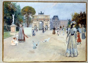 Kilátás a párizsi Tuileriák kertjére A kert az elegáns séták egyik párizsi helyszíne volt. Georges Stein gouache (1870-?) 20. századi DR magángyűjtemény