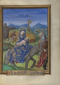 Repülés Egyiptomba az órakönyvből Ms. 48 fol. 67, 1480-90 körül (tempera, aranylevél és tinta pergamenen)