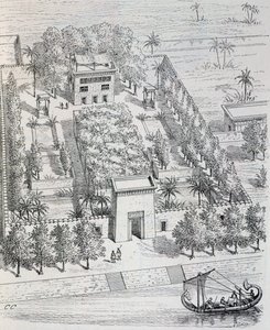 Kilátás az egyiptomi villára a Nílus mentén, Chipiez rekonstrukciója, az ókor művészettörténetéből (Egyiptom, Asszíria, Perzsia, Kis-Ázsia, Görögország, Etruria, Róma) alkotó: Georges and Chipiez Charles Perrot