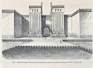 A Sargon-palota délkeleti kapujának rekonstrukciója Dur-Sarrukinban ("Sargon erőd"), ma Khorsabad (rézkarc) alkotó: Georges and Chipiez Charles Perrot