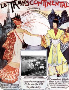 A Le transcontinental című újság címlapja a Kelet és Nyugat közötti vasúti összeköttetés szimbóluma a Transzszibériainak köszönhetően alkotó: Georges de Feure
