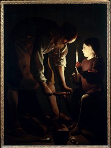 Szent József asztalos Jézus gyermeke gyertyát tart, hogy meggyújtsa apját, Józsefet munka közben. Georges de La Tour (1593-1652) festménye 1640 V. 1,07 x 1,02 m Párizs. Louvre múzeum