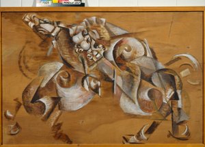 ""Oroszlán támad egy lovat"" (Oroszlán támad egy lovat) Georgi Yakulov (1884-1928) festménye Olaj, játszófa 1917-1918 Méret 99x149 cm Állami Tretyakov Galéria, Moszkva alkotó: Georgy Bogdanovich Yakulov