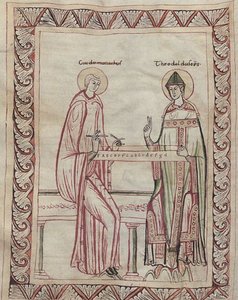Arezzói Guido és Tedald püspök monochordon dolgoznak, 11. századi miniatúra (21954743795)
