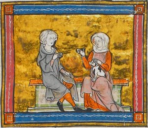 Lancelot beszélgetésben egy hölggyel, aki egy kis fekete-fehér kutyát tart a kezében, Morte Artu, 1315-1325 körül (41067329535) alkotó: Georgia Levan Ramishvili from Tbilisi