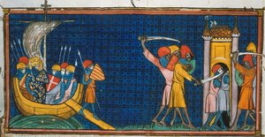 IX. Lajos partraszállása Tuniszban, és a franciák elzárása a szaracénoktól a toronyban, a Chroniques de France ou de St Denis című könyvből, 14. század (22528512660).
