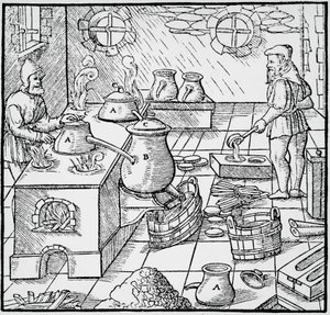 Metszet a De re metallica-ból (A fémek természetéről), Georg Pawer vagy Georgius Agricola (1494-1555) Bázelben jelent meg alkotó: Georgius Agricola