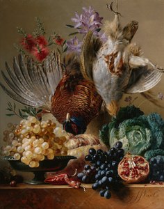 Döglött fácán, fogoly, szőlő, káposzta, gyümölcs és virágok párkányon (olaj, vászon) alkotó: Georgius Jacobus Johannes van (after) Os
