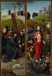 A keresztet hordozó Krisztus, a keresztre feszítéssel, a feltámadással, a zarándokokkal..., kb. 1510. alkotó: Gerard David