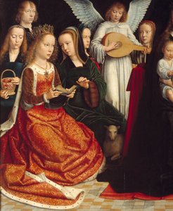 Szűz a szentek között. Saintes részlete: Szent Dorottya, Szent Katalin, Szent Ágnes, Szent Fausta. Gerard David festménye (1460-1523) Ec. Láng. alkotó: Gerard David