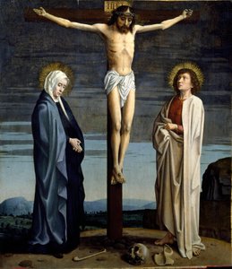 A keresztre feszítés. A kereszten „” INRI”” (I.N.R.I.) felirat. Gerard David festménye (1460-1523)