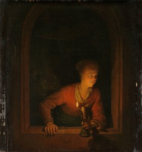 Lány olajlámpával az ablakban alkotó: Gerrit Dou