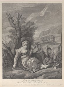 Vidéki nő ül a tájban két fiúval az oldalán, 1729-40.