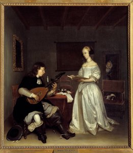 A Duó; énekes és lantos theorbo. Gerard Ter Borch (1617-1681) festménye, holland alkotó: Gerard ter Borch