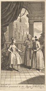 Gulliver bemutatta Babilary királynőjének, a The Travels of Mr. ... címlapját, 1730. február. alkotó: Gerard Vandergucht