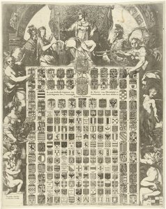 III. Willem herceg címerei allegorikus keretben Az oraenjeni herceg stb. nemi fegyverei és a 7 Egyesült Hollandia fegyverei városaival stb. (cím a tárgyon) alkotó: Gerard de Lairesse