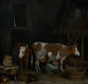Egy szolgálólány tehenet fej egy pajtában alkotó: Gerard ter Borch