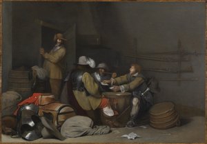 Őrszoba belső tér, dohányzó és kártyázó katonákkal alkotó: Gerard ter Borch