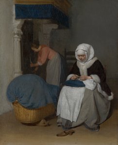 Egy nő varr egy bölcső mellett alkotó: Gerard ter Borch
