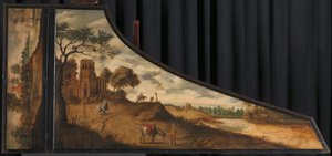 Csembaló fedele Festmény csembalófedőn dombos tájjal és utazókkal alkotó: Gerard van der Horst (copy after)