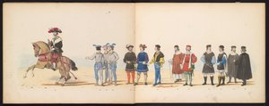 A leideni diákok maskara, 1855 (11. tábla) A Leidsche Hoogeschool 280. évfordulója alkalmából 1855. június 12-én, a Leidsche Hoogeschool fennállásának 280. évfordulója alkalmából rendezett jelmezes felvonulás, amely Karel V. bin belépését ábrázolja. alkotó: Gerardus Johannes Bos