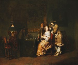 Elegáns társasági kártyajáték egy belső térben, 1650-es évek körül