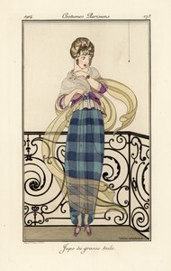 Nő egy nagy toile szoknyában, aki fél egy póktól. alkotó: Gerda Marie Frederike Wegener