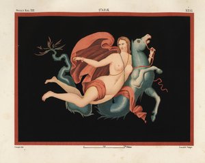 Egy Nereida (tengeri nimfa) köpenyben és karkötőben, aki tengeri szörnyen vagy hippokampuszon lovagol, félig ló, félig hal. Museo Naz. XXII, Stabiae. Rajzolta és kromolitografálta Victor Steeger, Emile Presuhn (1844-1878) Pompei legszebb festményei,