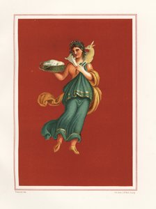 Allegorical wall painting of Spring from the west side of the atrium of Regio IX.V.11. She holds a basket of cheese and carries a lamb over her shoulders. Chromolithograph by J.G. Bach after an illustration by Geremia Discanno from Emile Presuhn (1844-1878