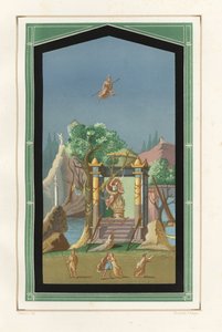 Landscape painting from the Exedra in the House of Vesonius Primus, a fuller. Chromolithograph by Victor Steeger after an illustration by Geremia Discanno from Emile Presuhn (1844-1878) The Most Beautiful Paintings of Pompeii, Leipzig